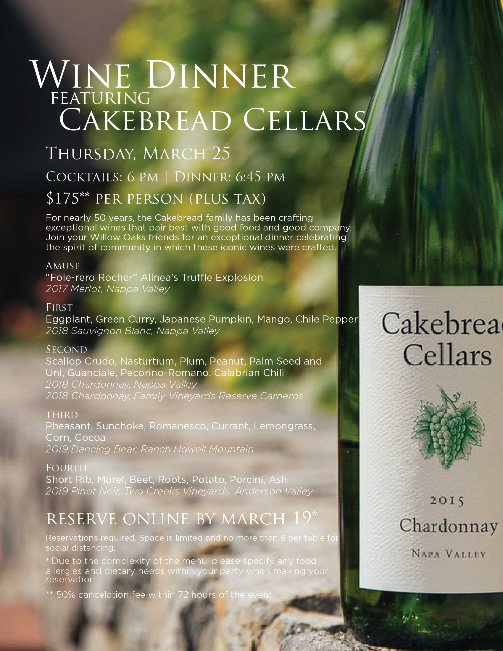 Cakebread Wine Dinner 3/25/2021 Willow Oaks Country Club